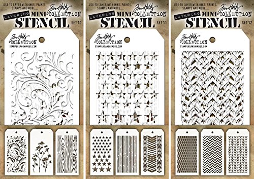 Tim Holtz - Nine Mini Layering Stencils - Flourish, Wildflower, Woodgrain, Stars, Stripes, Chevron, Mesh, Zigzag and Tracks - aka sets 10, 11 & 12