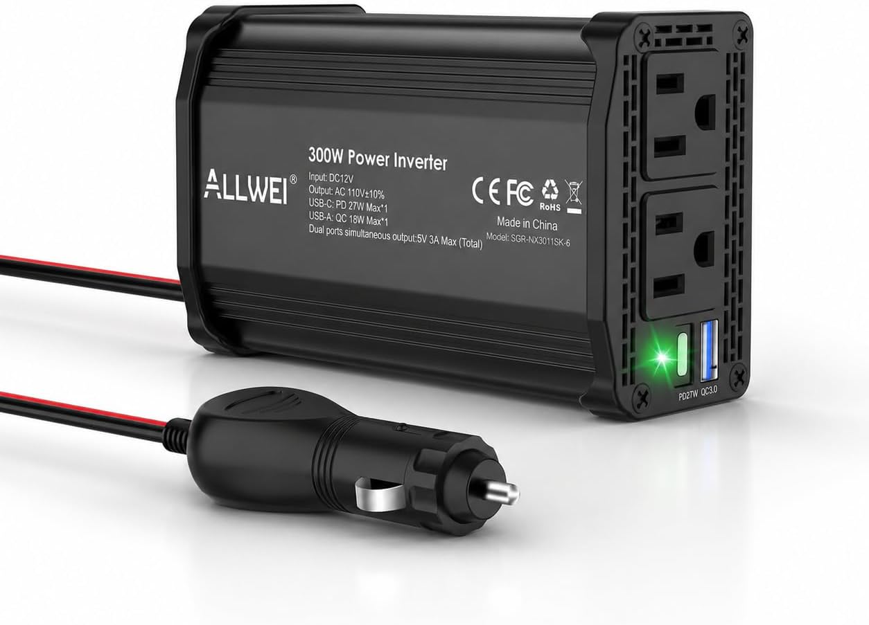 ALLWEI 300W Car Power Inverter with 27W USB-C and 3.0 USB Port - DC 12V to 240V / 230V AC Power inverters for Vehicles Converter Fast Charging Ports Car Charger Adapter (Black)