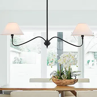 Modern Linear Chandelier for Kitchen Island, 2-Light with Off-White Fabric Shades