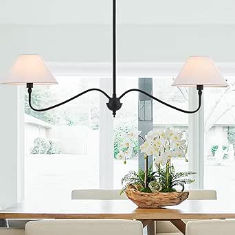 Modern Linear Chandelier for Kitchen Island, 2-Light with Off-White Fabric Shade