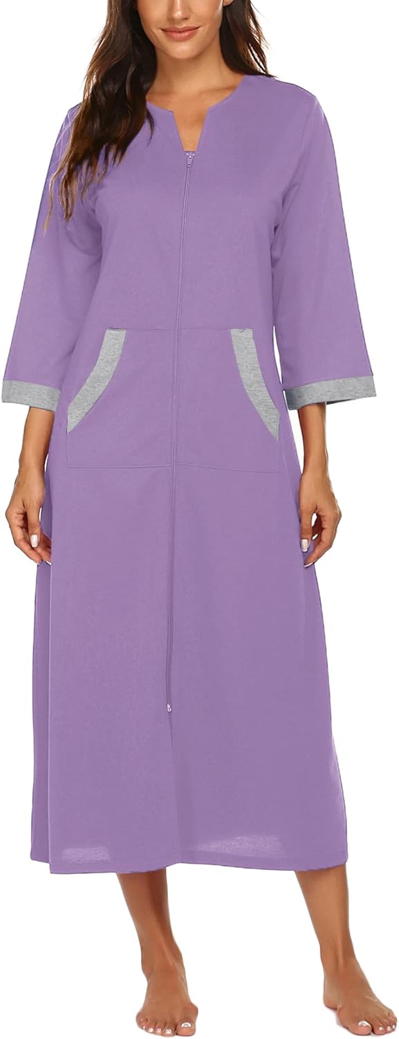 Ekouaer Women Zipper Robe 3/4 Sleeves Loungewear Dress Full Length Sleepwear Pockets Housecoat Nightgown Long Bathrobe - Image 3