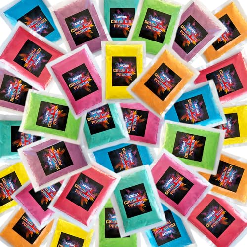 AWZNG Holi Colors   Polvo para correr el color, paquete de 32 bolsas, 2.5 kg a granel, 80 g de cada color: rojo, amarillo, azul, verde, morado, naranja, rojo rosa, cian para festivales, fiestas de