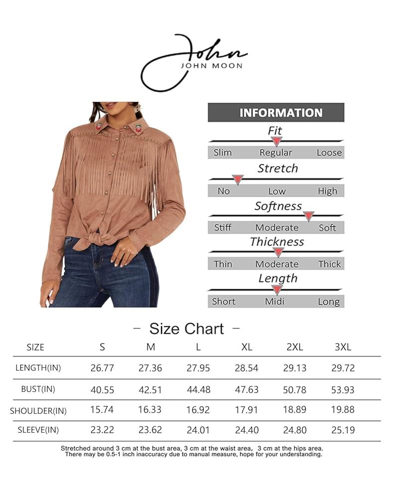 JOHN MOON Womens Suede Fringe Western Long Sleeve Shirt with
