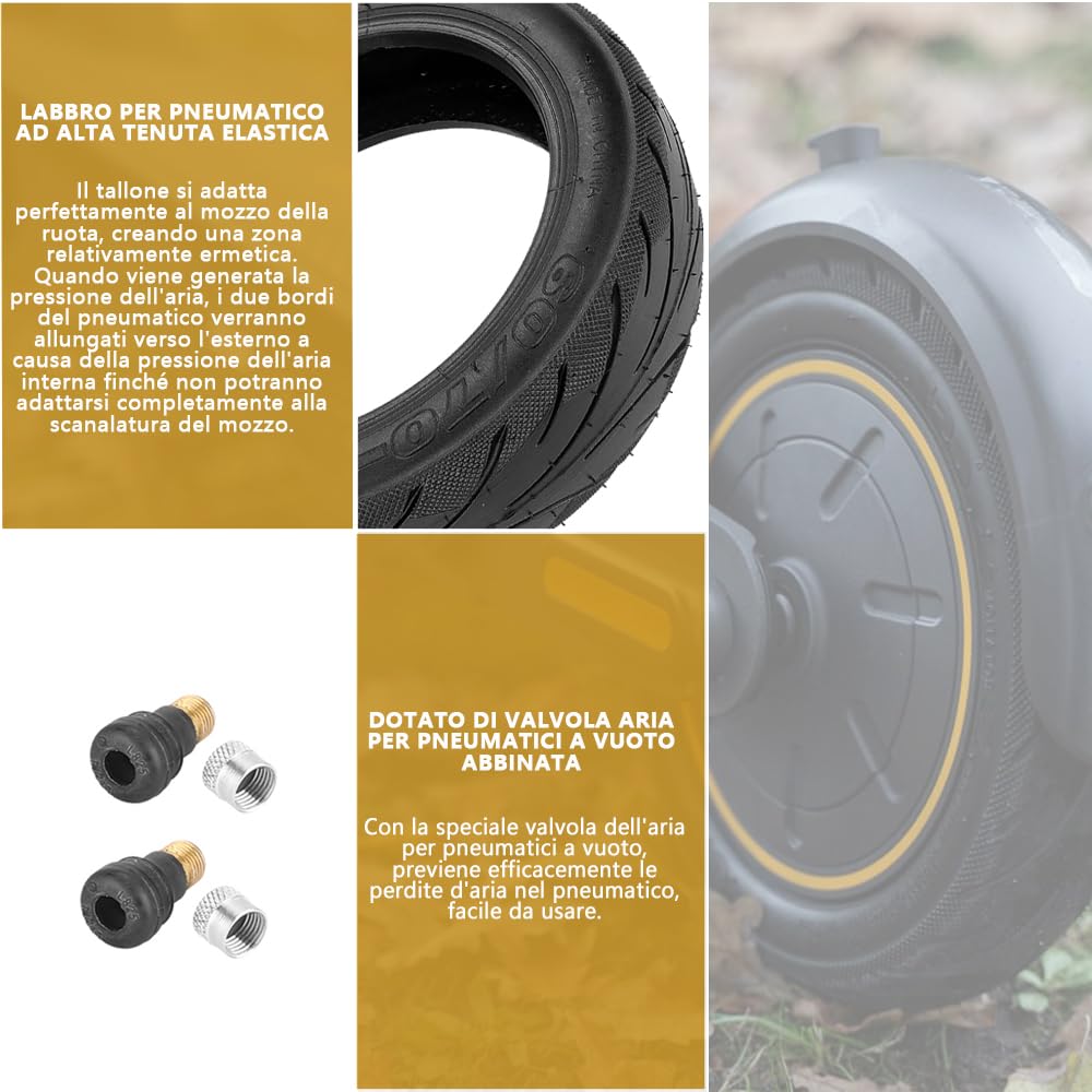 60/70-6.5 Pneumatico Tubeless con Valvola per Scooter Elettrico Ninebot Max G30 10'' Anteriore/Posteriore Ruota di Scorta con Colla Live Incorporata Riparabile a Prova di Foratura (1 Pezzo)