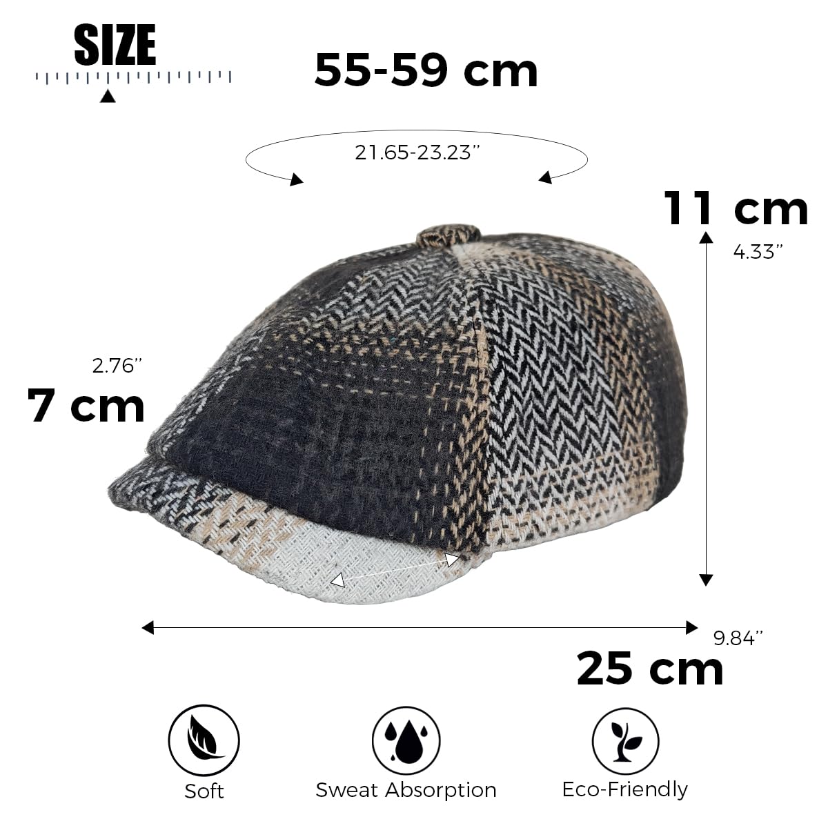 Panchitalk Women Newsboy Cap, Vintage Winter Warm Cabbie Beret Hat 8 Panel Herringbone Tweed Gatsby Ivy Painter Cap, 55-59cm(Black)