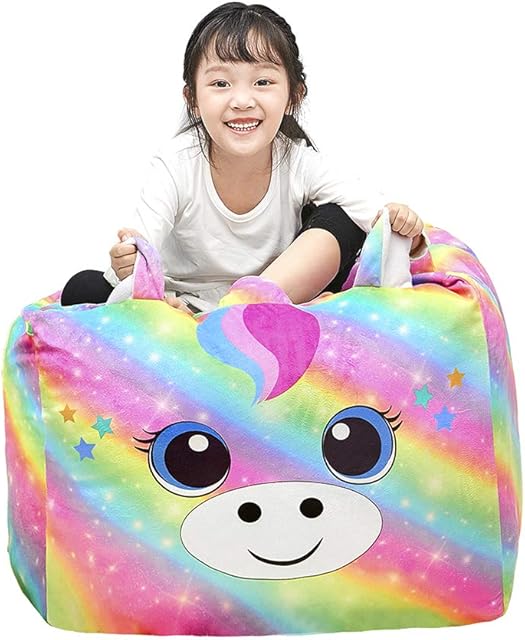 Basumee Unicorn Stuffed Animal Storage Bean Bag Chair Cover 61x61cm Large Super Soft Warm Fleece Unicorn Beanbag Cover