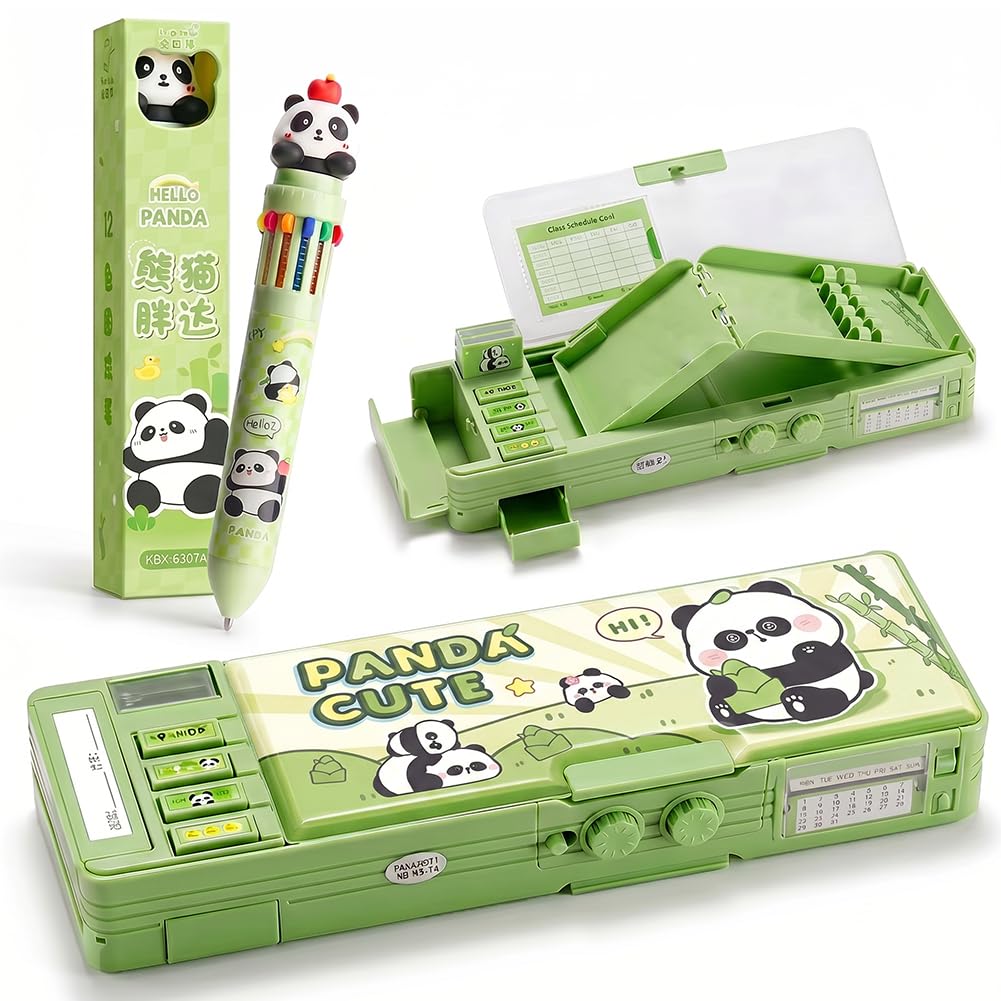 Spiritzohic Unisex Multicolor Cute Panda Themed Stationery Set, Multi-Functional Password Pencil Case Pop Up Pencil Case With Lock And 12-Color Retractable Pen Cartoon Pen Box Organizer Stationery For School Teens Girls Boys