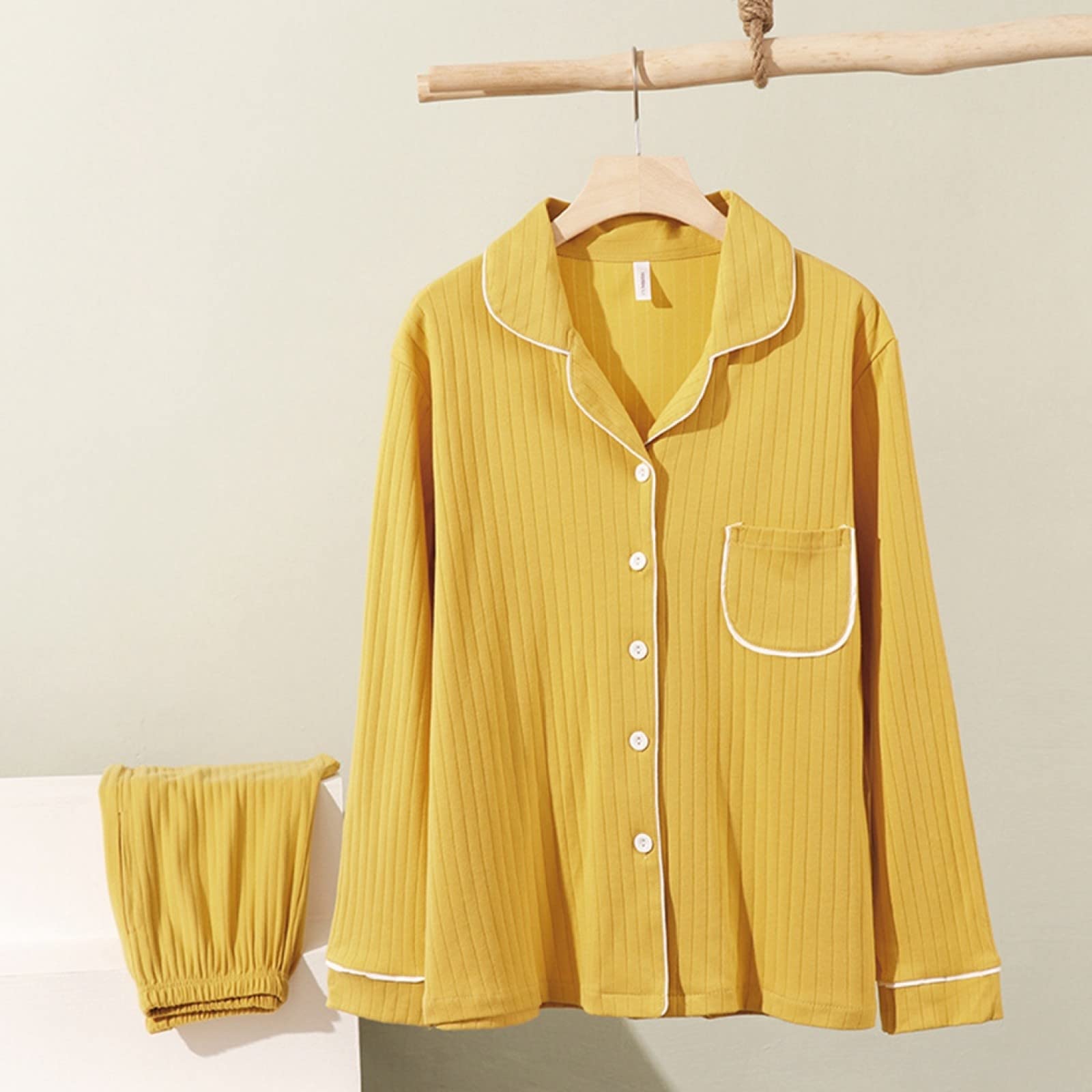 Pijamas de Franela de Invierno y otoño para Mujer y Hombre, Conjuntos de Pijama de otoño y 2 Piezas para Mujer, de algodón de Moda, de Manga Larga, con Solapa, Sencillos, de Rayas