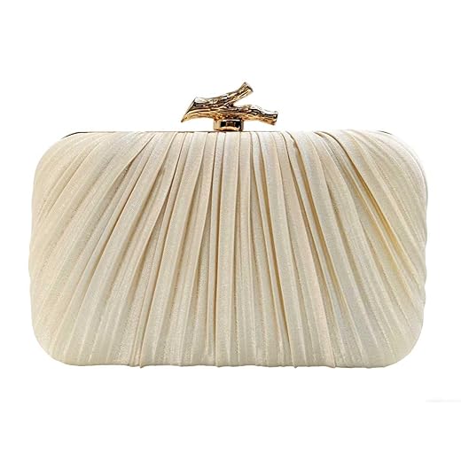 Bolsa Clutch Festa Feminina Creme Poliéster Plissado Com Fivela Formato De Galho Mão Ombro Transversal Correntes Removíveis Elegante