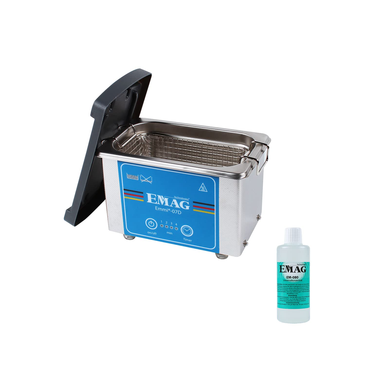 EMAG - Detergente a ultrasuoni Emmi 07D, in acciaio inox, per la pulizia degli occhiali, anche gioielli e orologi + timer, dispositivo per la pulizia a ultrasuoni dalla Germania, 500 ml