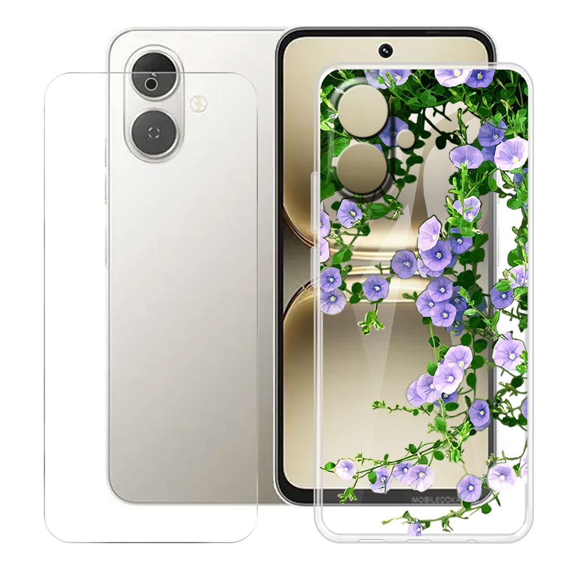 Case for Tecno Spark Go 2 (6.67 Inches) + HD Tempered Glass Screen Protectors, Phone Case Cover Soft Silicone Clear TPU Bumper – Purple Flowers