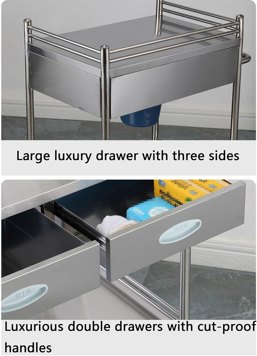 Carrello medico con cassetto, carrello per attrezzature da laboratorio a 2 livelli in acciaio inossidabile per cliniche e ospedali, carico massimo 100 kg, versatile stoccaggio di forniture mediche