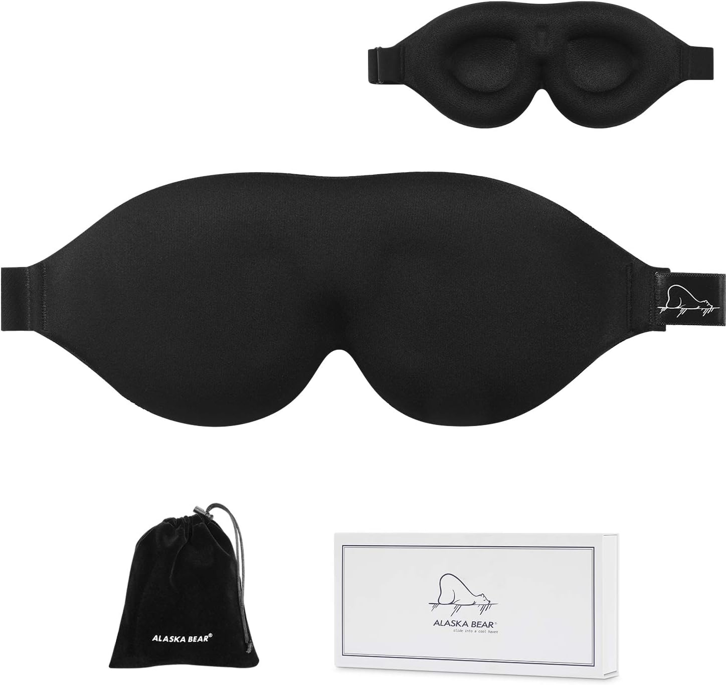ALASKA BEAR Luxury Sleep Eye Mask for Women & Men. Adjustable, Contoured & Comfortable for Full Blackout, Includes Silky Pouch (Black)