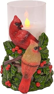 Mark Feldstein Cardinal Pair Flameless LED Candle Holder Sleeve, 6 in | Hand-sculpted resin holder; battery-op LED wax pillar; 6-hr on/18-hr off timer; for tabletop, shelf, or mantel