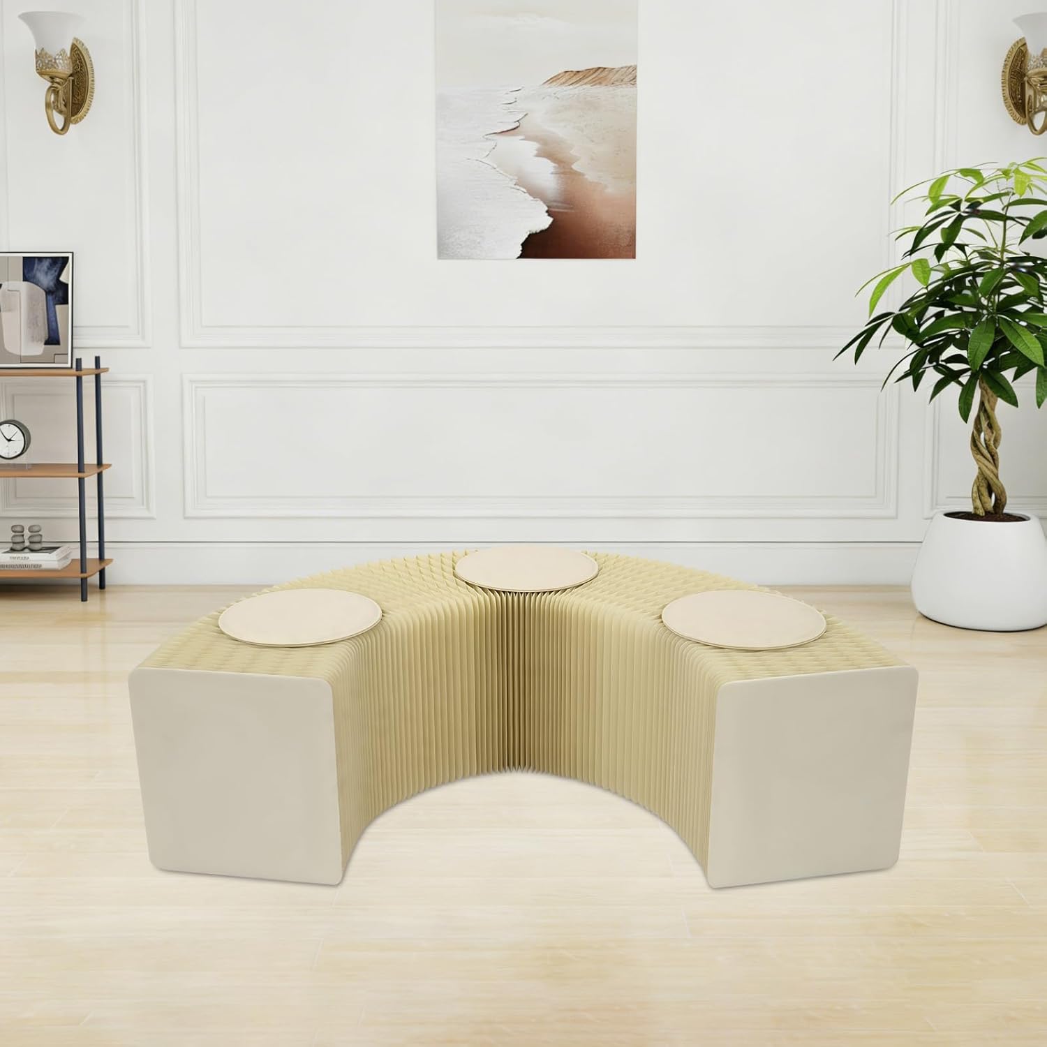 Folding Paper Stool Sofa Chair, Kraft Paper Relaxing Bench, Accordion-Style Telescoping Stool with Honeycomb Structure Bendable L-Shape S-Shape Wave Seating