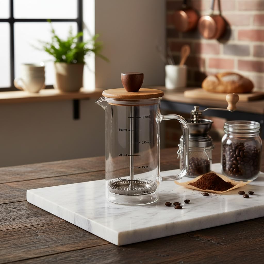 Deconox Akasya Ahşap Kapaklı Borosilikat Cam French Press - Ölçü Çizgili Kahve ve Çay Demliği (350ml ve 600ml Boy Seçenekli) (600ML)
