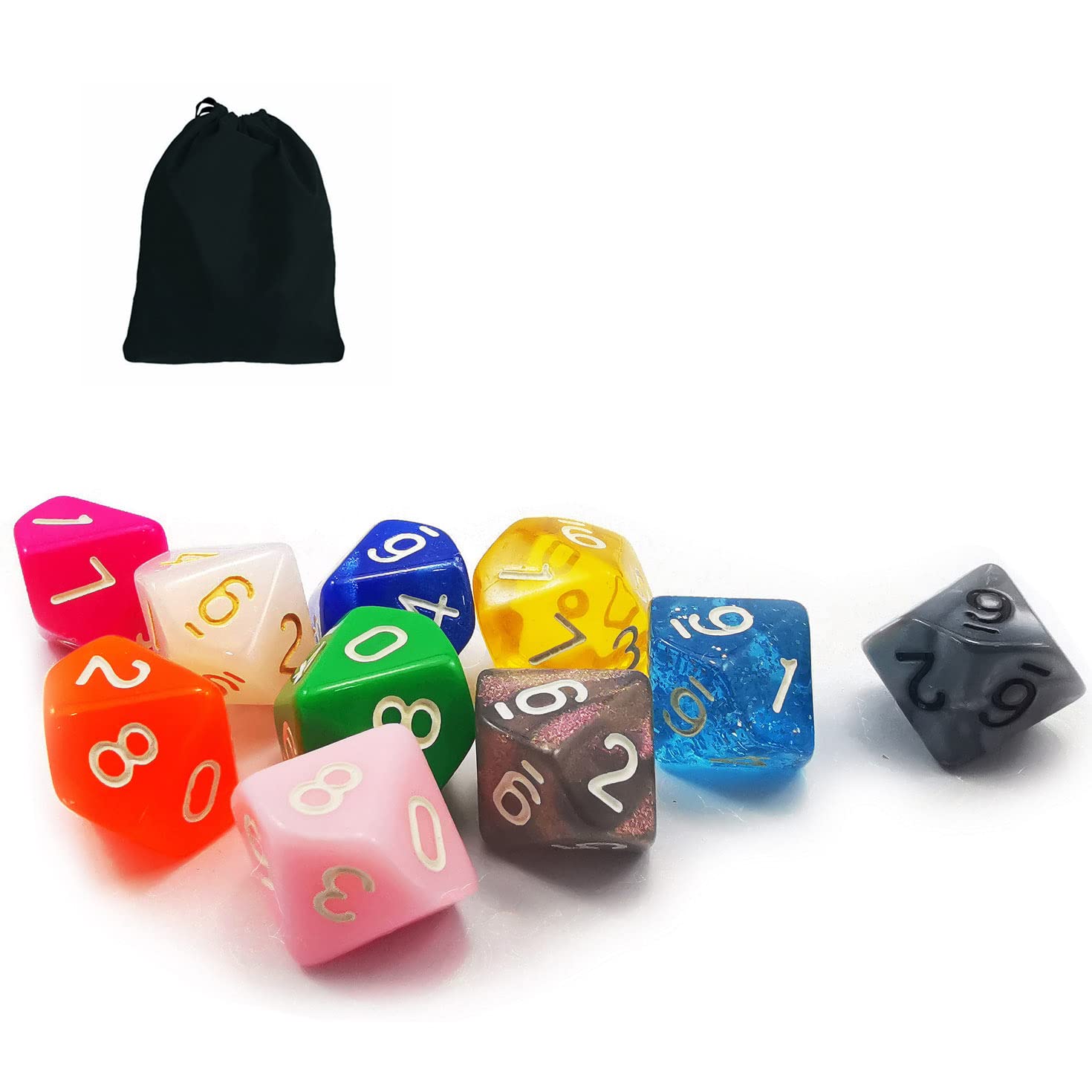 Bescon 10pcs Set of 10 Sided Dice (number 0-9), 10 Count Assorted Random Multi Effected&Colored Pack of D10 in Drawstring Pouch - Image 2