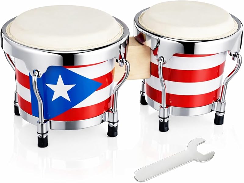 Puerto Rico Bongo Drums, Juego de 6" y 7", Instrumento de Percusión | Tambor sintonizable, diseño de bandera puertorriqueña, batería de mano compacta, para música, celebración cultural boricua, festival, decoración del hogar