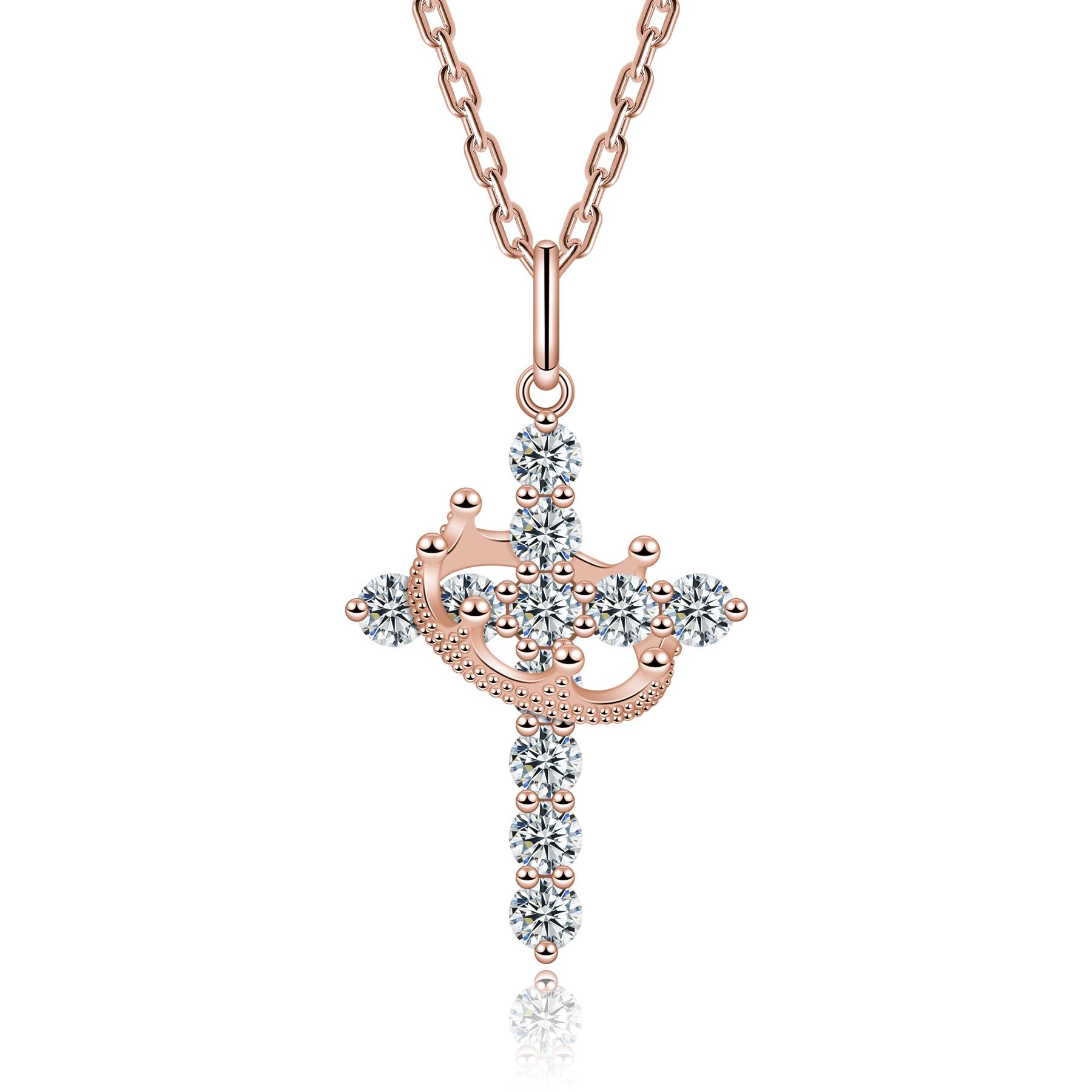 Moissanite Cross Necklace with Crown for Women Sterling Silver Pendant Christian Faith Chain Jewelry Gifts Rose Gold