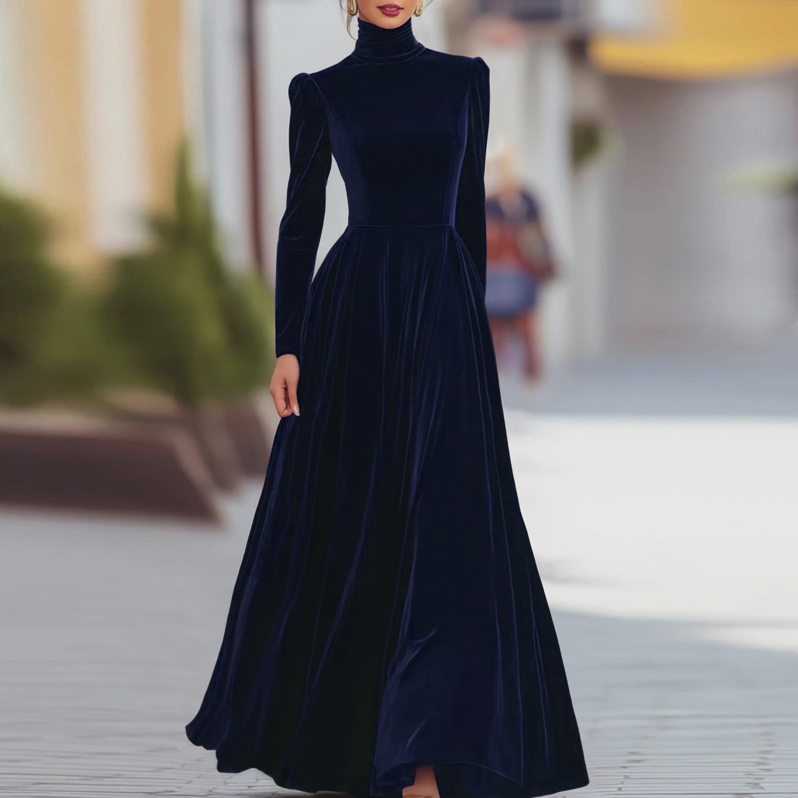 Winterkleid Damen Elegant Festlich Abendkleid Lang Rollkragen