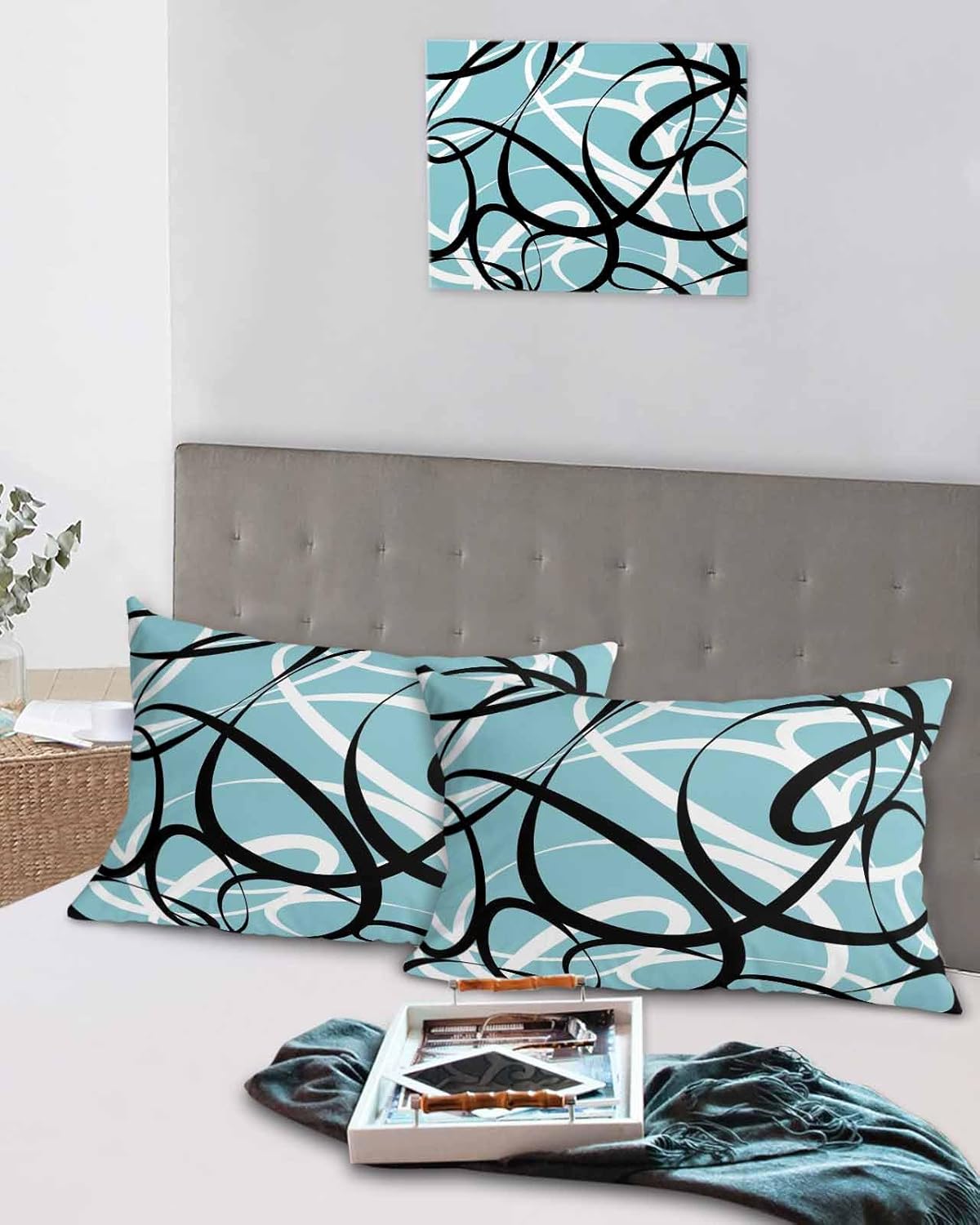 Contemporary Pillow Covers Queen Size 2 Pack, Geometric Blue Black White Minimalist Line Soft Bed Throw Pillowcases Breathable Cooling Long Lumbar Body Pillow Sham Cover for Bed Sofa 20x30