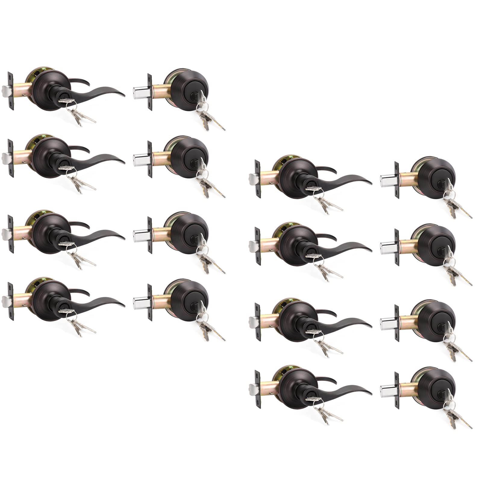 KNOBWELL 8 Pack Keyed Alike Door Lever Handle with Single Cylinder Deadbolt, Oil Rubbed Bronze Exterior Door Knob Lock Set with Deadbolt, Front Door