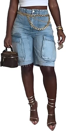 Ecirod Cargo Bermuda High Waisted Denim Shorts Women Distressed Raw Hem Long Jean Shorts with Pockets
