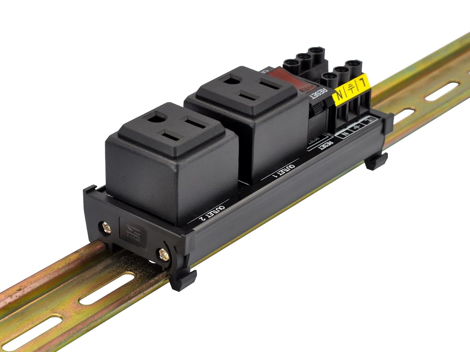 DIN Rail Mount AC 120V NEMA 5-15R Double Receptacles Outlet Power Strip Module, with Rocker Switch Thermal Circuit Breaker Overload Protector