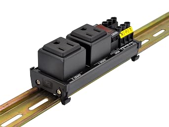 DIN Rail Mount AC 120V NEMA 5-15R Double Receptacles Outlet Power Strip Module, with Rocker Switch Thermal Circuit Breaker Overload Protector