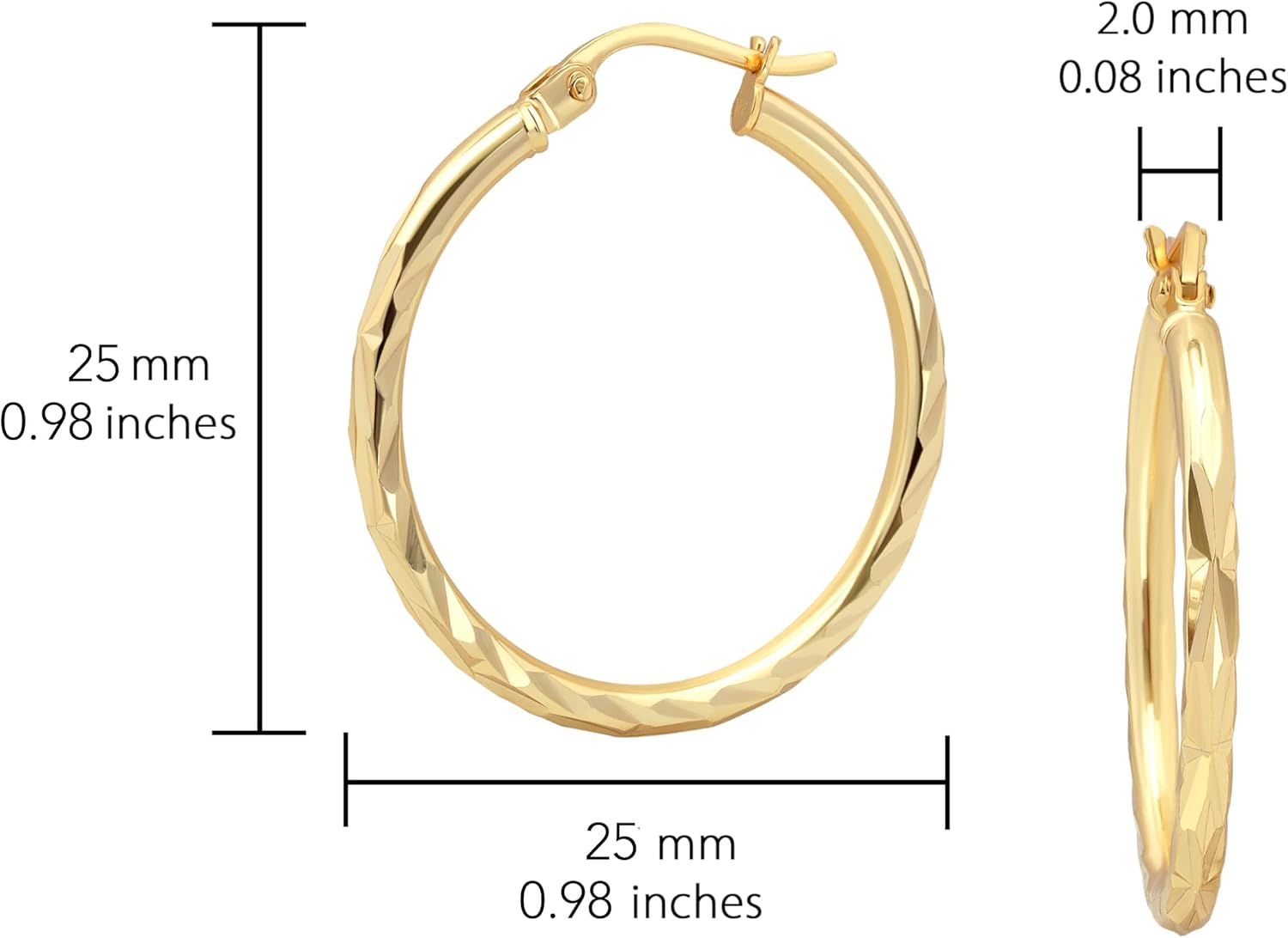 Hoops & Loops 925 Sterling Silver Diamond-Cut Hoop Earrings for Women, 2mm Textured Lightweight Click Top Hoops, 15mm 20mm 25mm 30mm, Silver 14k Yellow Gold & Rose Gold Flash Plated