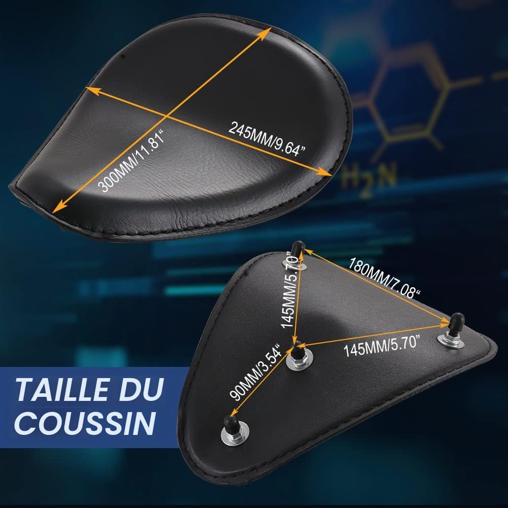KaTur Kit de siège de moto une place en cuir avec fixation à ressort pour motos Sportster, Bobber et Chopper de marque Harley Davidson, Honda, Yamaha, Kawasaki et Suzuki 8 cm Noir