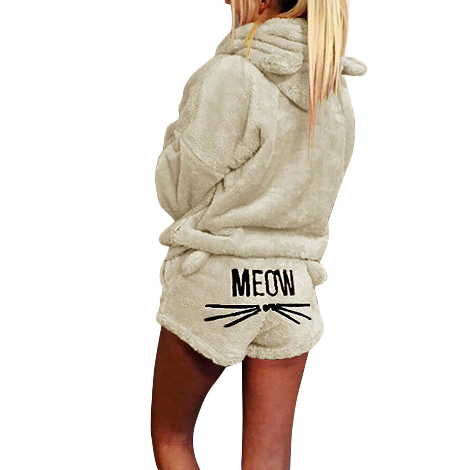 Damen Mädchen Schlafanzug Winter Zweiteilige Set Katze Meow Nachtwäsche Warme Bademantel Hosenanzug