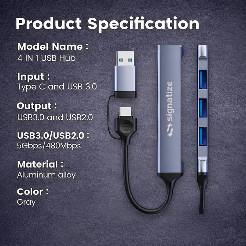 Image of Type C Hub, Type-A+C to 4 Port with 5 Gbps Superspeed Data Transmission, 1*USB 3.0 Ports, 3*USB 2.0 Port, USB c hub for Laptop, MacBook, chromebook,Tablets & Smartphones (Grey)