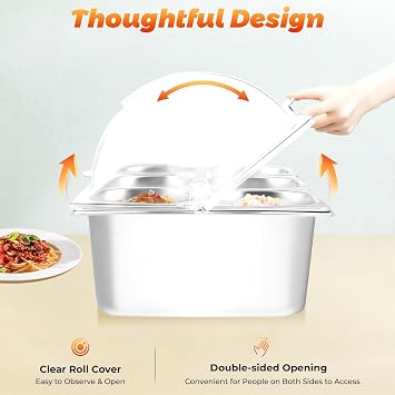 Countertop Ice Food Serving Display Tray, Buffet Cold Serving Cooler Platter with 90Clear Roll Top Cover, 6 Pan Stainless Steel Food Serving Tray,Rubber Stoppers, Dual Use for Hot&Cold, Silvery