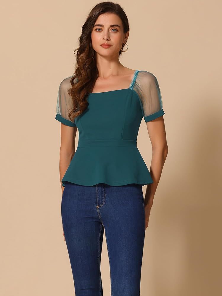 トップス acka tweed peplum tops acka tweed peplum tops Chic Square Neck Peplum Top with
