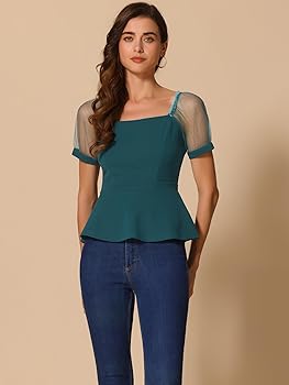 Allegra K Women's Square Neck Mesh Sheer Sleeve Peplum Tops