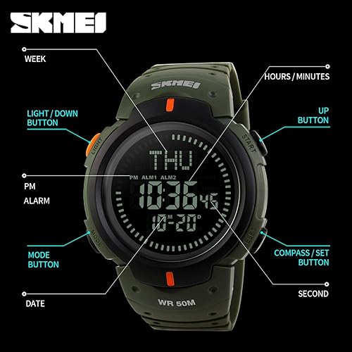 Miniatura 7 de Reloj digital deportivo militar para hombre con brújula de supervivencia 50M impermeable cuenta regresiva 3 alarma cronómetro