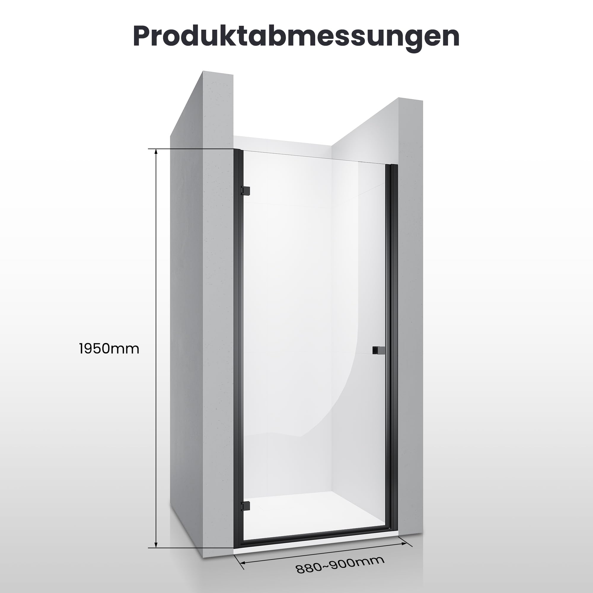 SONNI Duschtür für Nische aus 6 mm ESG-Glas, 90x195 cm, Schwarz, Drehgelenk