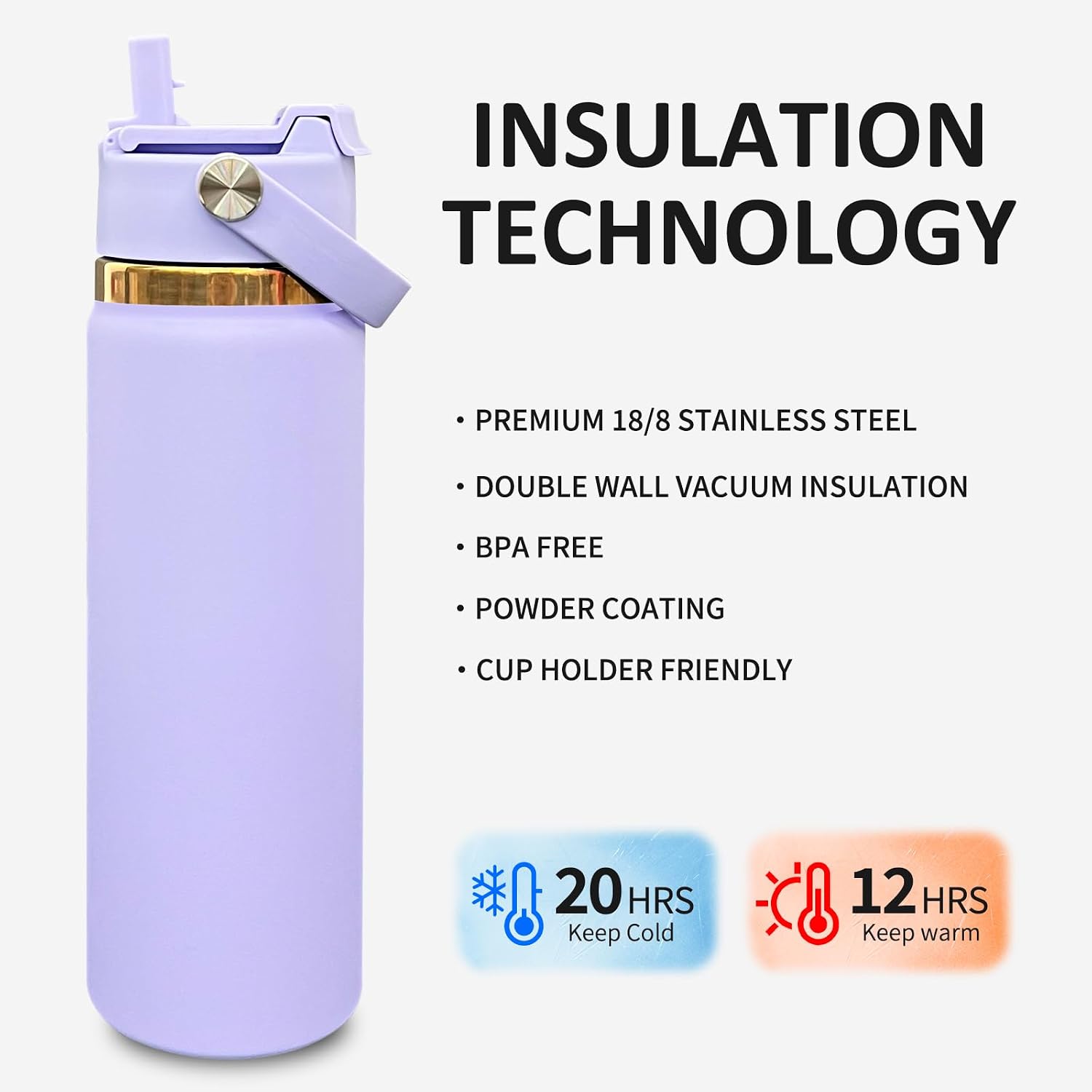 20 oz Insulated Water Bottle with 2-in-1 Straw and Spout Lid, Stainless Steel Water Bottle for Sports, Leakproof Double Wall Powder Coated Bottle, Keep Cold and Hot (Lilac,1 pack)