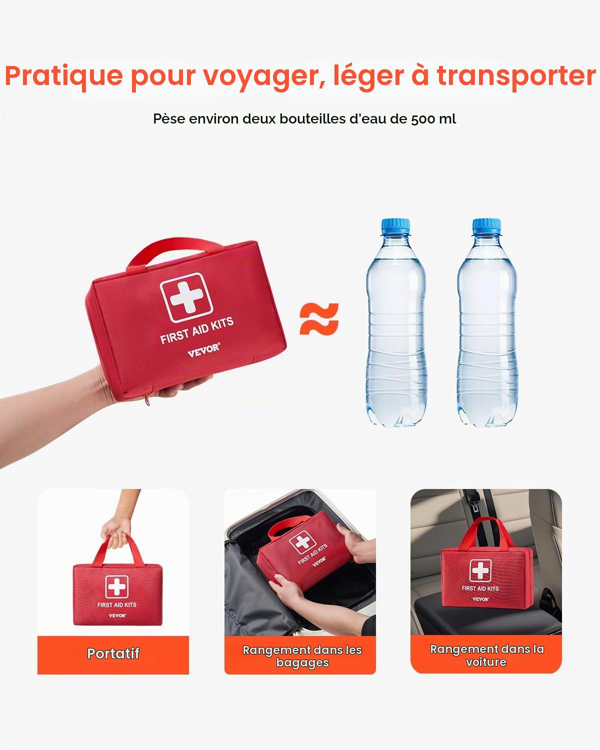 VEVOR Trousse Premiers Secours en Nylon 600D Kit Sac de Survie 500 PCS Fournitures Médicales d'Urgence, pour Maison, Voiture, Bureau, Voyages, Camping, Camion, Randonnée, Sport, Urgences en Extérieur