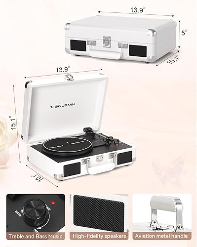 Miniatura 9 de Tocadiscos de vinilo con altavoces integrados, tocadiscos Bluetooth de 3 velocidades para discos de vinilo, tocadiscos retro de maleta con control