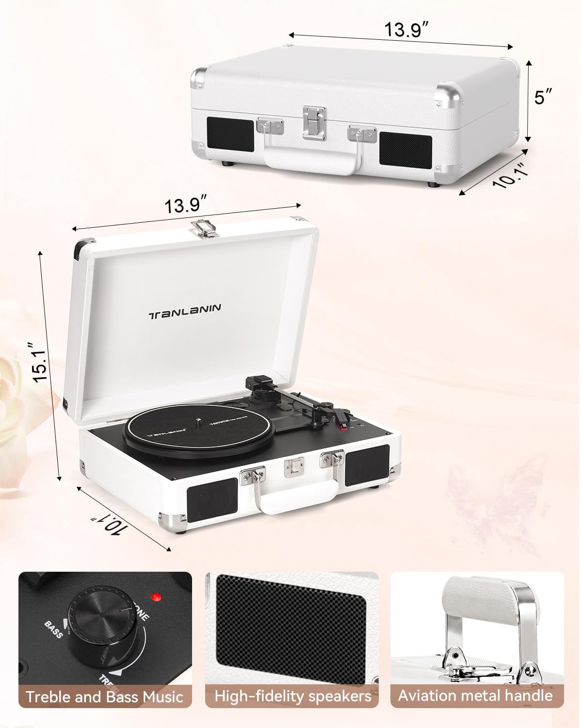 Tocadiscos de vinilo con altavoces integrados, tocadiscos Bluetooth de 3 velocidades para discos de vinilo, tocadiscos retro de maleta con control de graves y agudos, salida RCA AUX, conector para auriculares, elegante opción de regalo 9