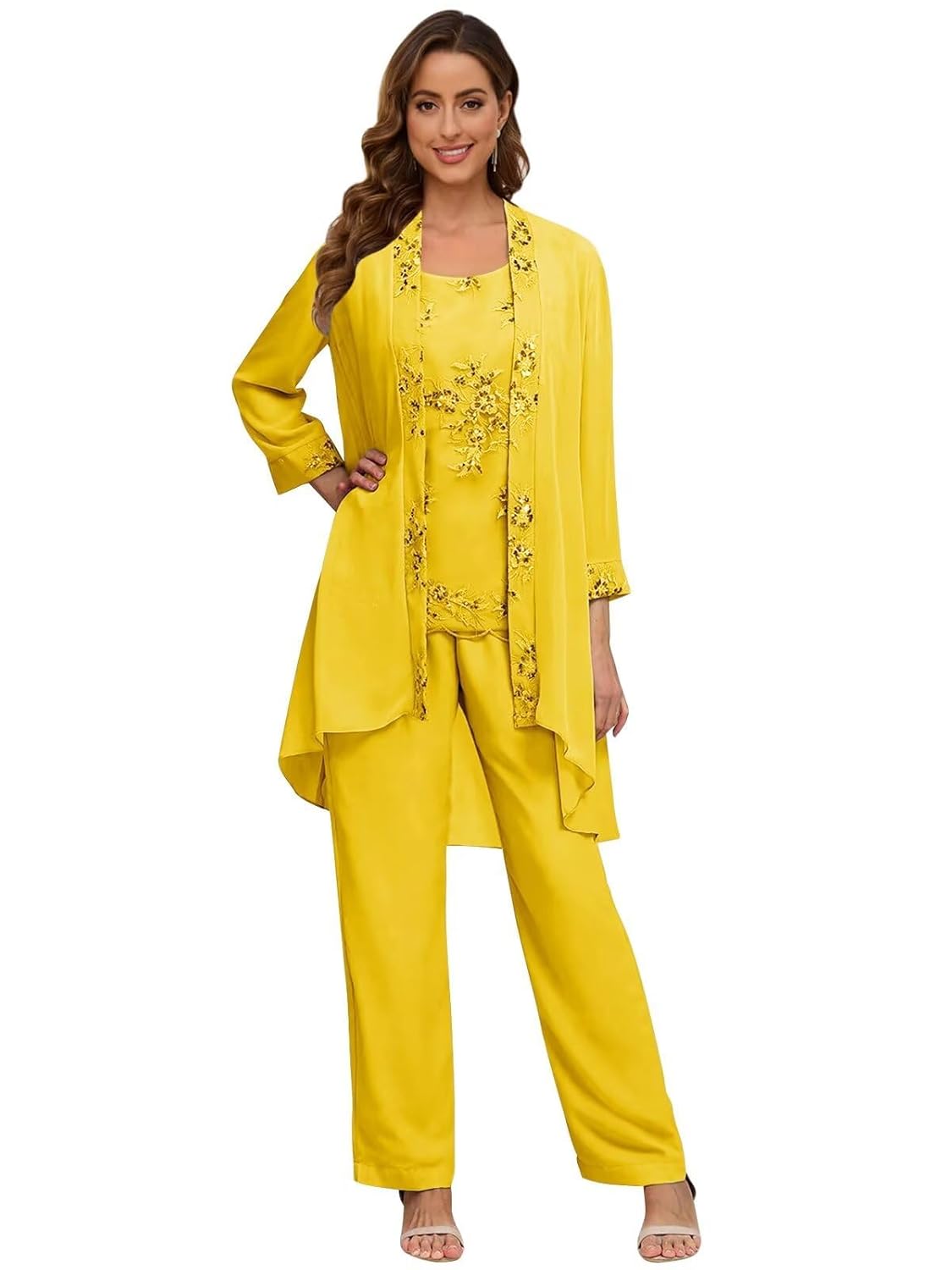 3 Piece Mother of The Bride Pant Suits Wedding - 3 4 Long Sleeve Chiffon Lace Dressy Women