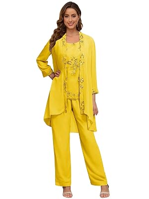 3 Piece Mother of The Bride Pant Suits Wedding - 3 4 Long Sleeve Chiffon Lace Dressy Women