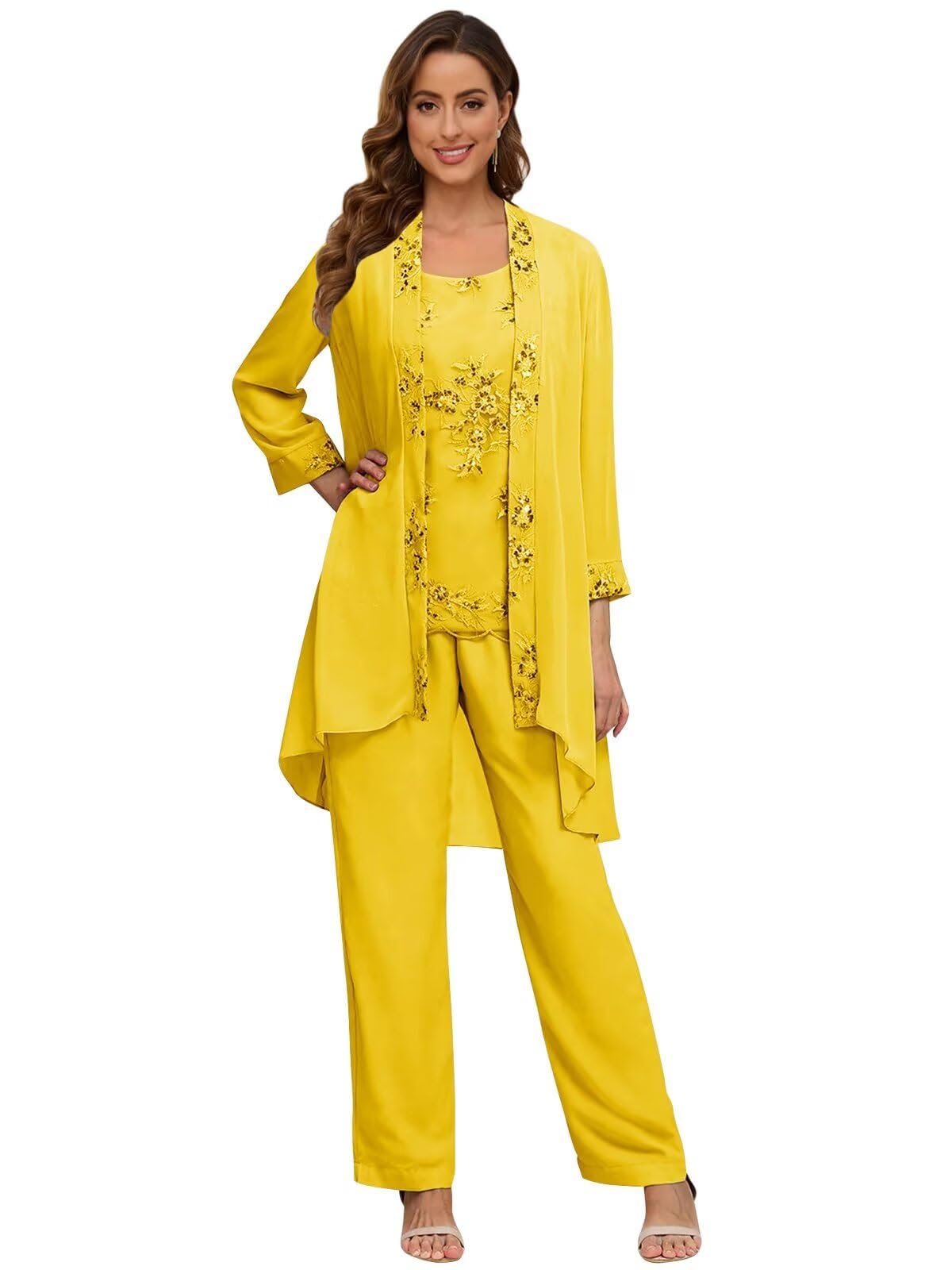 3 Piece Mother of The Bride Pant Suits Wedding - 3 4 Long Sleeve Chiffon Lace Dressy Women