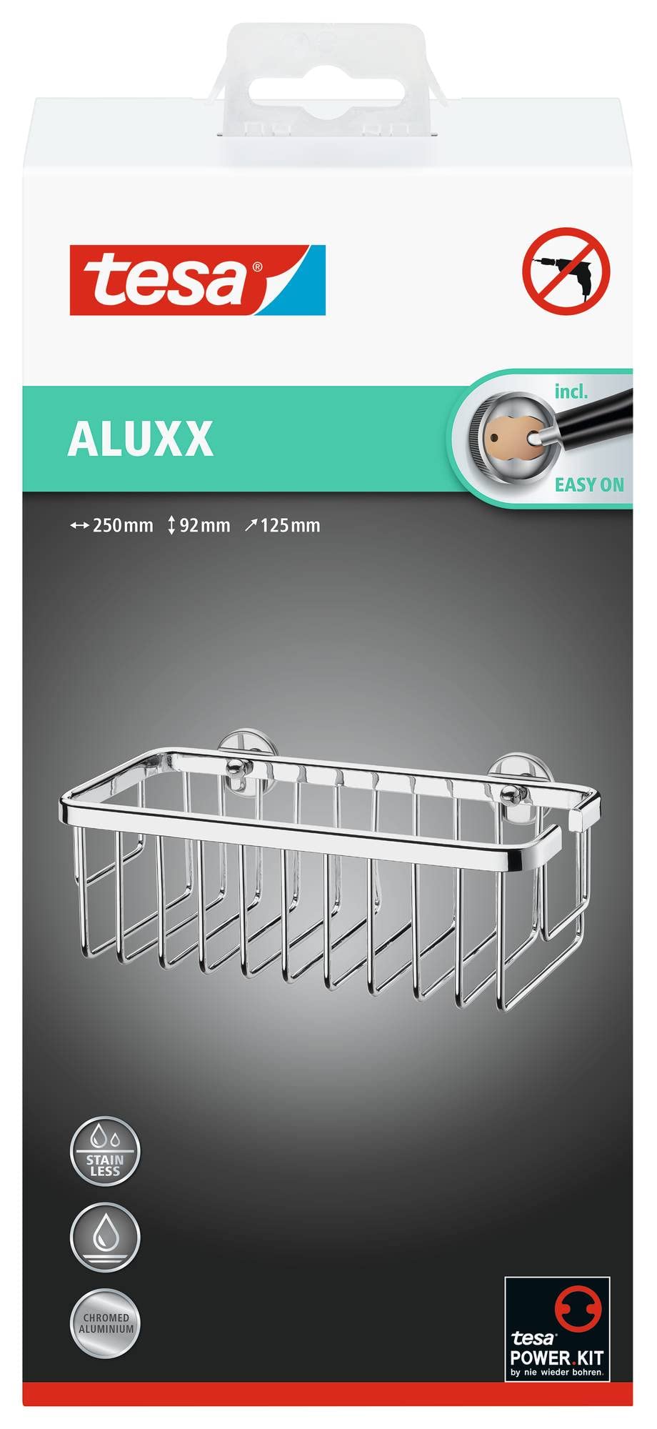 tesa Exxclusiv panier de bain/douche, adhésif, acier inoxydable, design sophistiqué, garanti inoxydable, 55mm x 265mm x 120mm