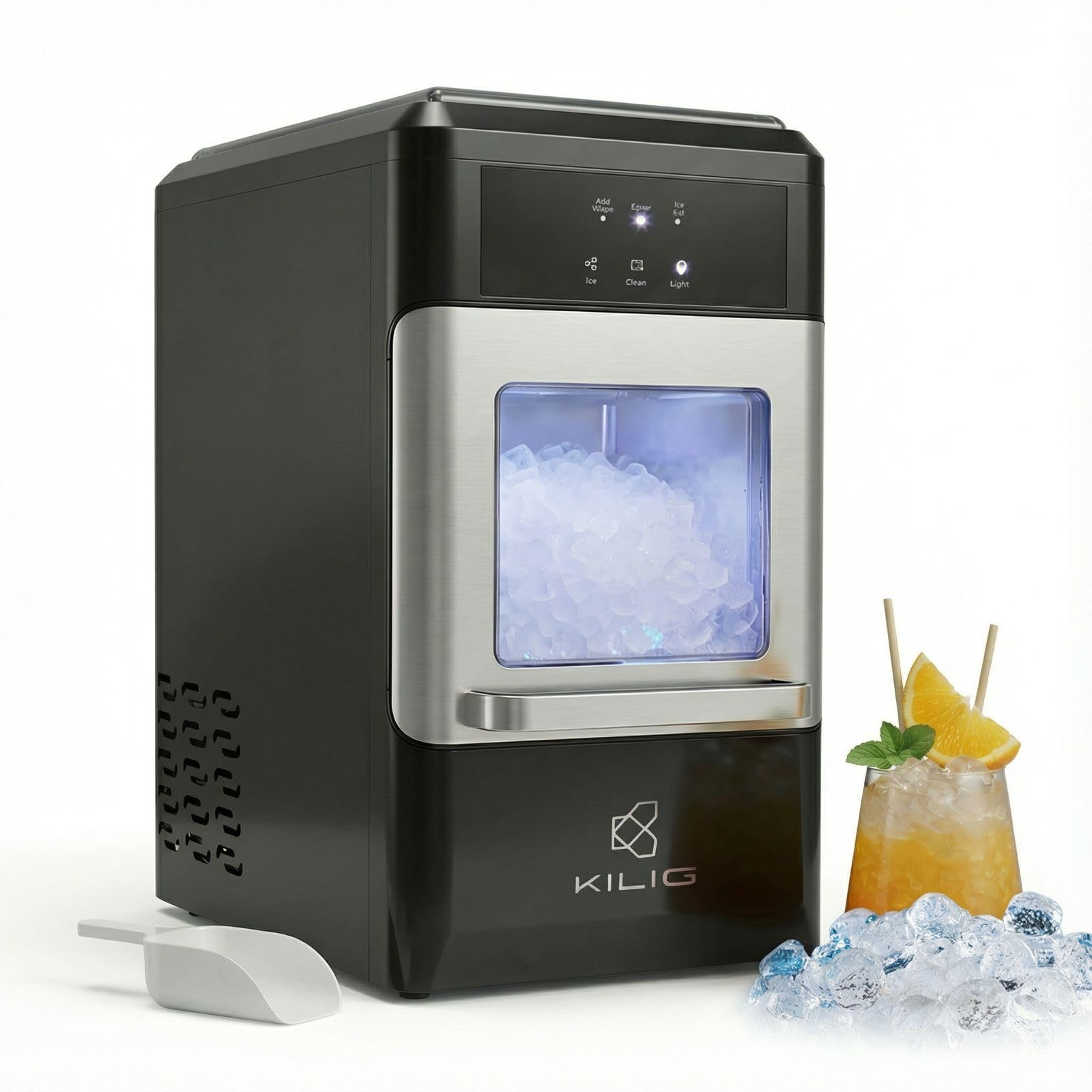 Kilig N01 Countertop Crunchy Chewable Nugget Ice Maker Machine | 20kgs per Day | Auto Self Cleaning Function | Portable Ice Maker for Home/Party/Camping - Black