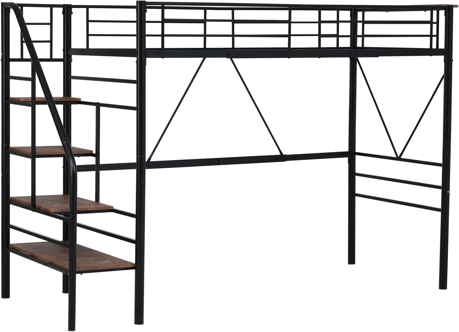 BFLSSXロフトベッド シングル 階段付き ハイタイプ 大人用 コンセント付き 宮棚付き 収納付き パイプベッド 耐荷重150kg 耐震設計 スチールベッド ベッドフレーム (ブラック（マットレスなし）)