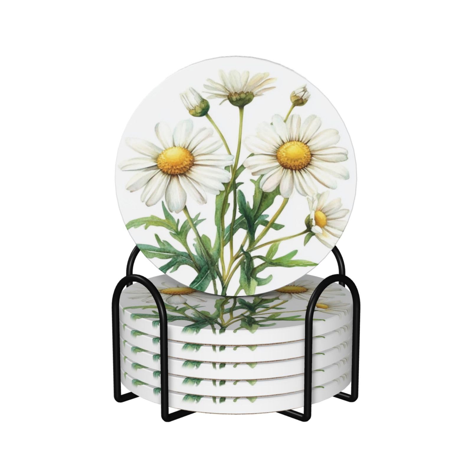 Small White and Yellow Daisies Cluster Ceramic Coasters with Holder 6ps