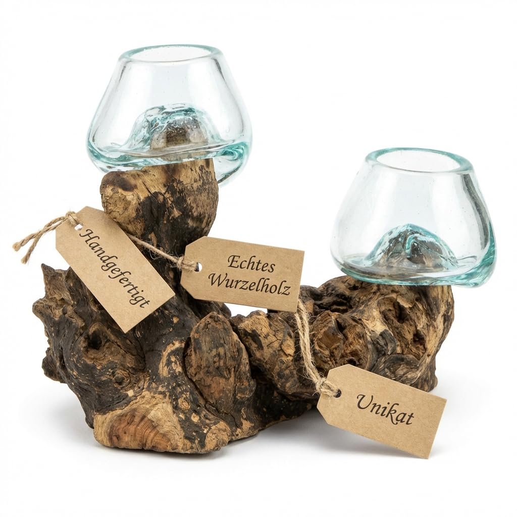 Jarrón de cristal doble (diámetro de cristal de 7 cm) – Jarrón decorativo hecho a mano en madera de raíz con cristal extraíble, decoración de salón, adecuado como florero o tarro de velas